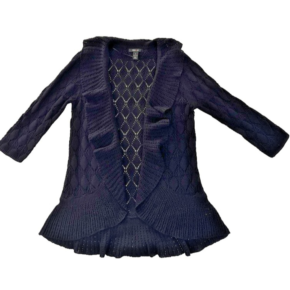 Open Knit Cotton Cardigan M Black Pointelle Peplum Ruffle Boho Romantic